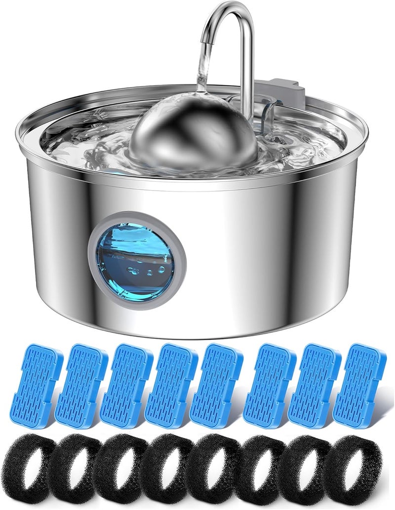 AONBOY Cat Water Fountain with 16 Filters, 108oz/3.2L Cat Fountain Stainless Steel, Includes 8 Carbon Filters and 8 Sponge Filters, Faucet Shape Dog Water Fountain, Double Noise Reduction Design - Image 1